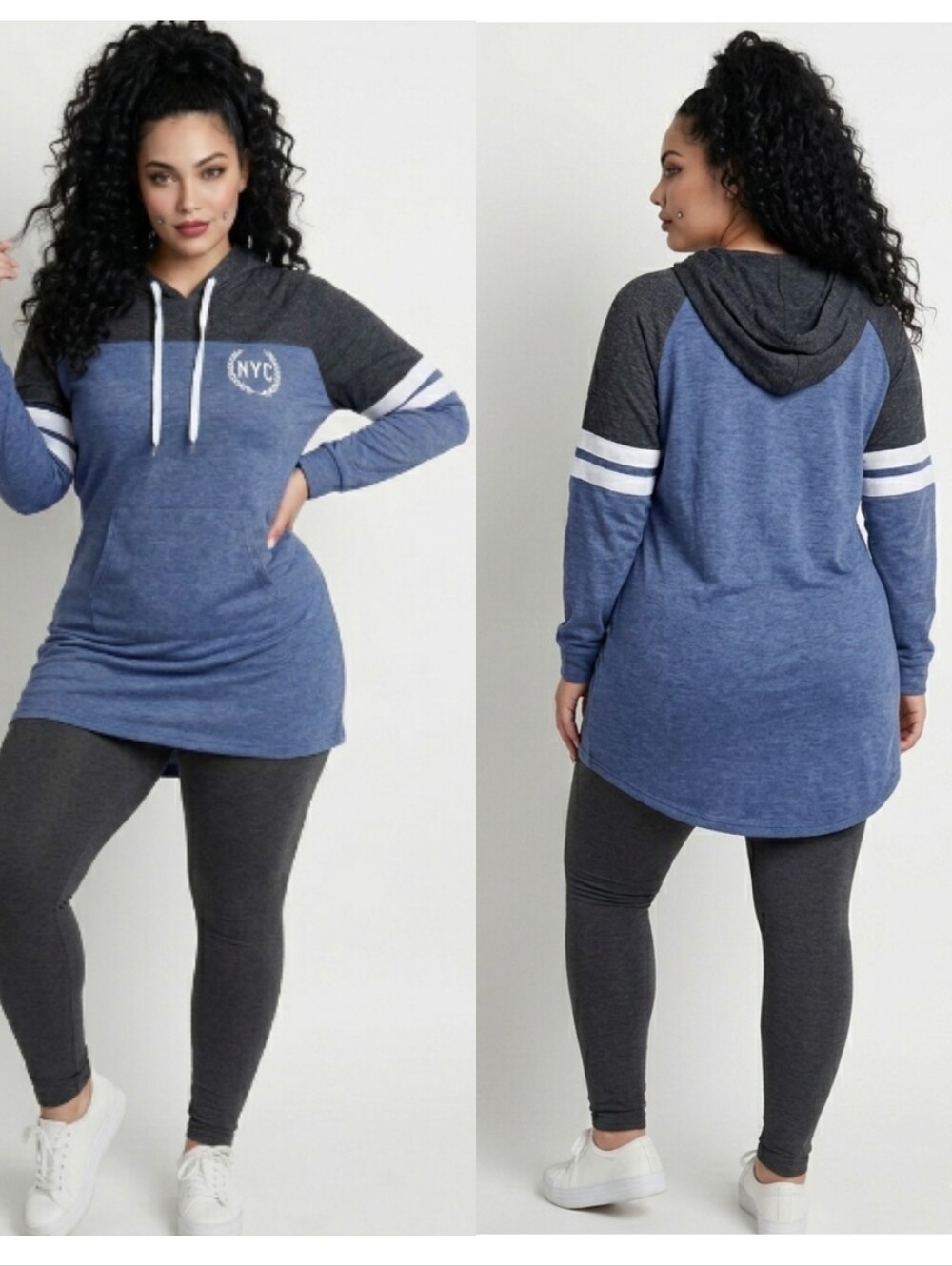 Rouge! Blue & Black Hooded Tunic Or Mini Dress with Soft Blue & Gray Summer 2X